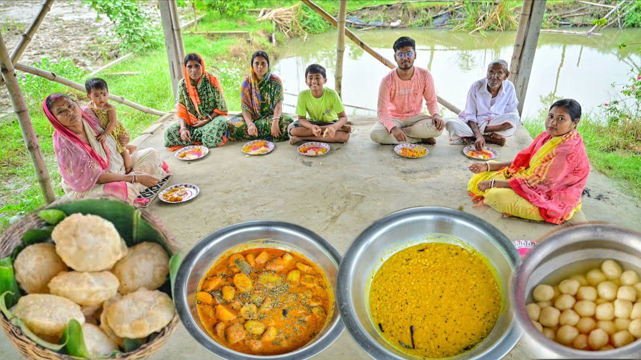 লুচি, কাশ্মীরি আলুরদম আর ছোলার ডাল রান্না সাথে রসগোল্লা জমজমাটি খাওয়া দাওয়া || village food