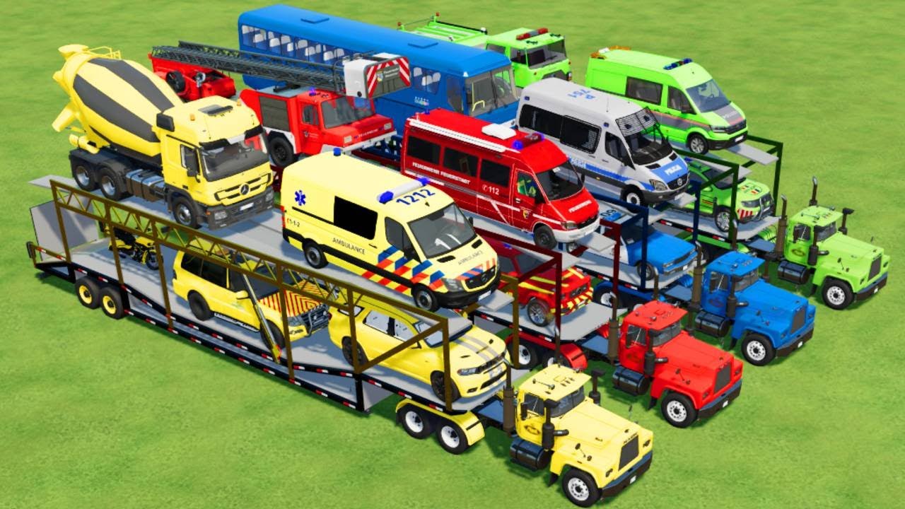 TRANSPORTING ALL POLICE CARS, AMBULANCE, FIRE TRUCK, COLORFUL CARS WITH TRUCK! -FARMING SIMULATOR 22