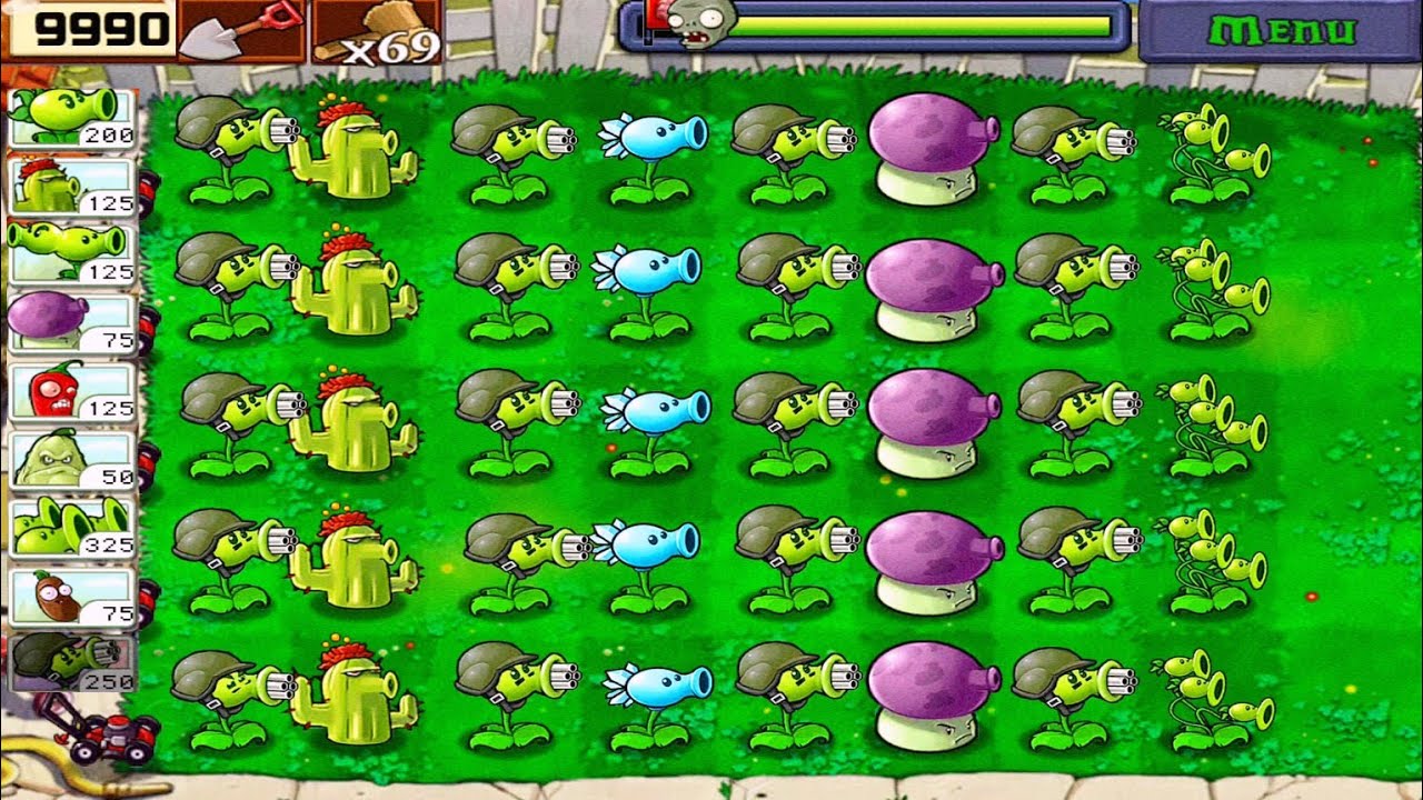 Plants vs Zombies • Survival Day • Gatling Pea + Cactus, Snow Pea, Fume, Three Pea vs All Zombies