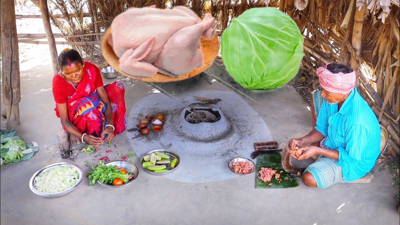 chicken cabbage curry and begun vaja cooking & eating by santali tribe couple