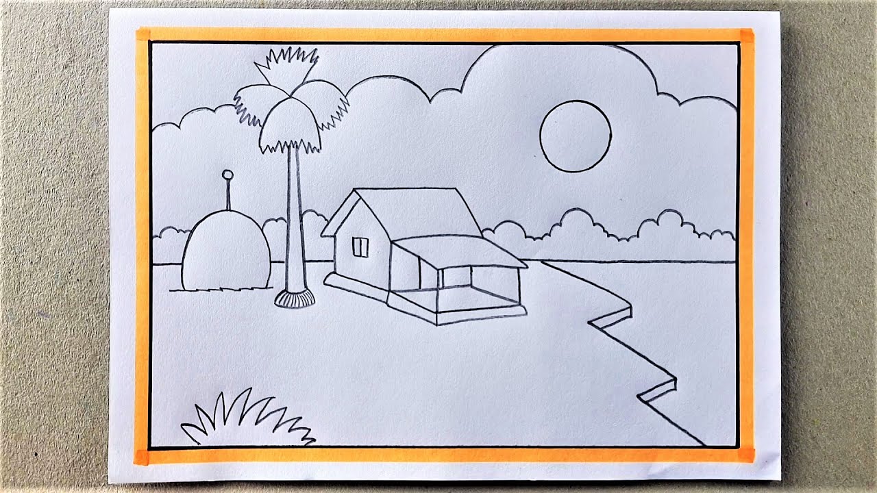 Village Scenery Drawing with Painting 🧡🧡🧡 Bangla VoiceTutorial