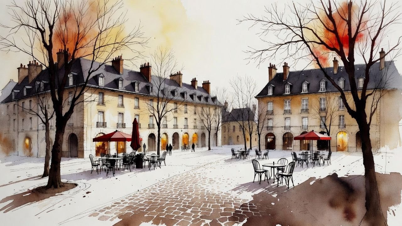 Snowy Café Plaza in Paris ❄️ Cozy French Ambience for Focus & Calm (1h 45m)