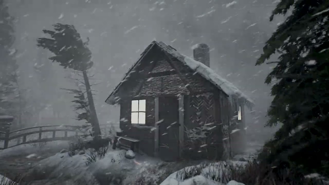 Warm Cabin Night: Howling Winds & Soft Snow for Serene Sleep | Fireside Snowbound Silence