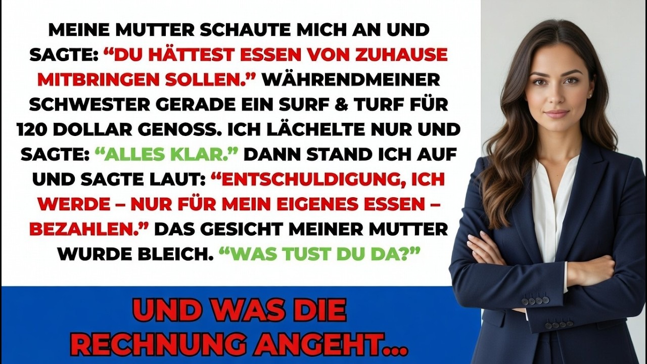 Beim Familienessen bestellte Mama nichts für mich – meine Schwester bekam 360€ Surf & Turf