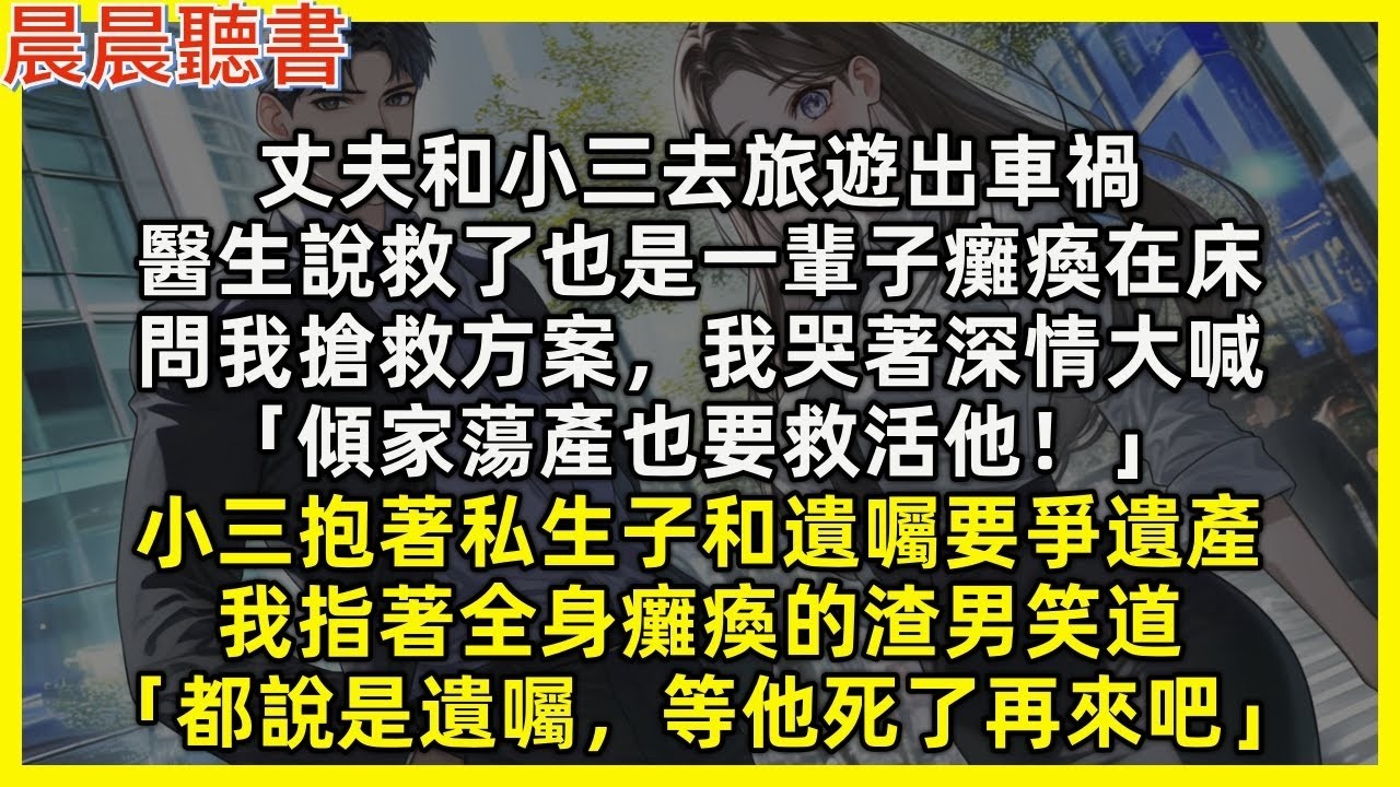 【完結爽文】丈夫和小三旅遊出車禍，醫生說救了也是一輩子癱瘓在床，問我搶救方案，我哭著深情大喊「傾家蕩產也要救活他！」小三抱著私生子和遺囑要爭遺產，我指著全身癱瘓的渣男笑道「都說是遺囑，等他死了再