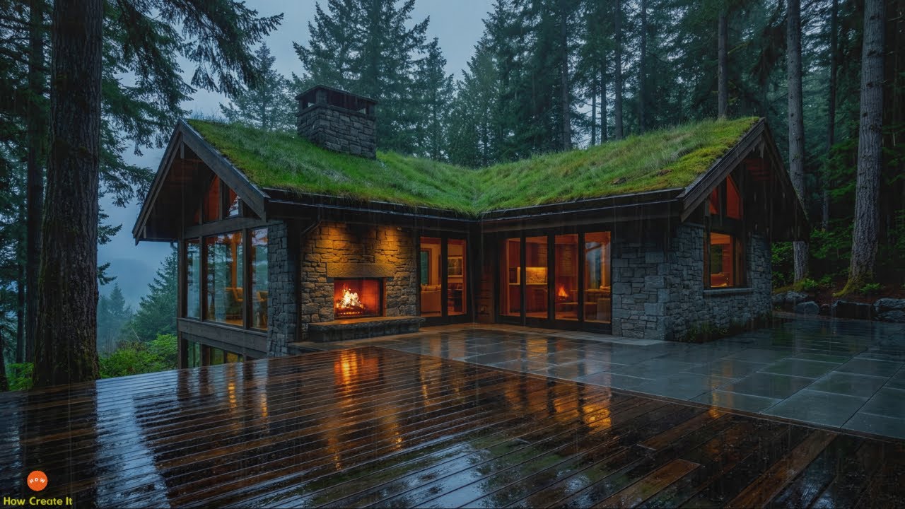 Primal Night Rain, Fireplace, and Soft Thunder for Anxiety Relief in a Serene Forest Grass Roof Home
