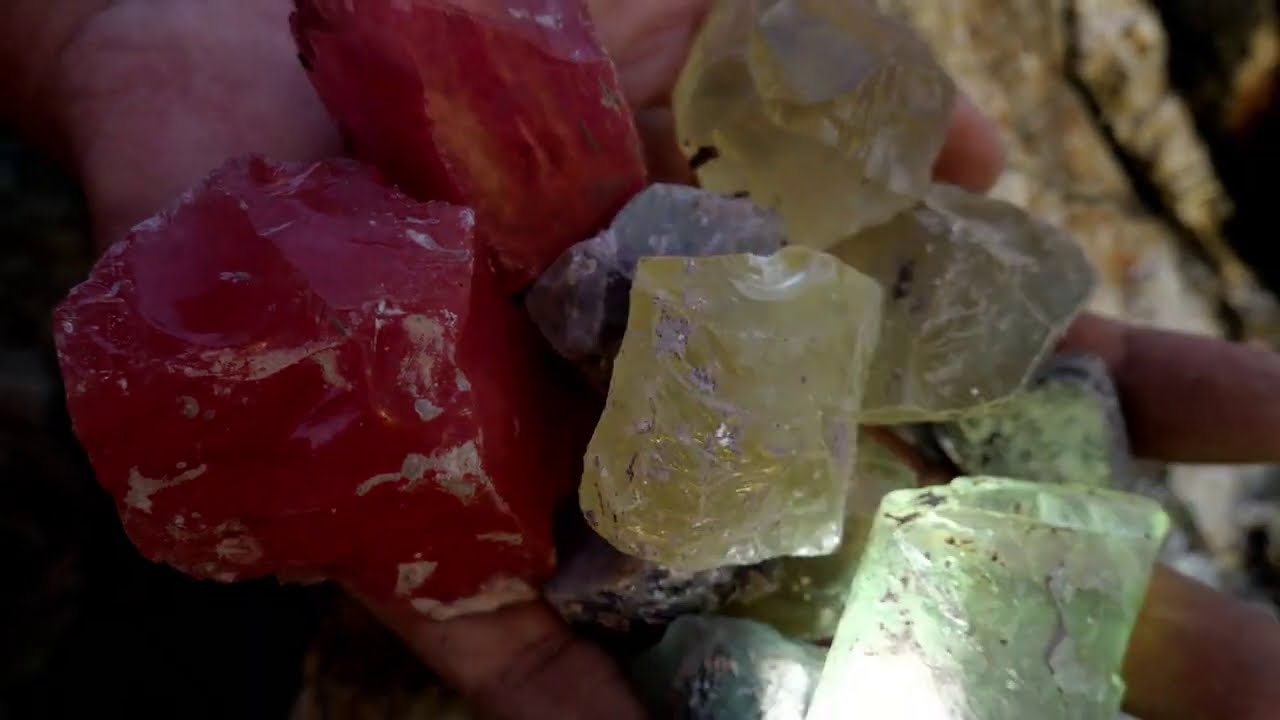 Red crystals are formed in volcanic caves by the sea. Gems, diamonds