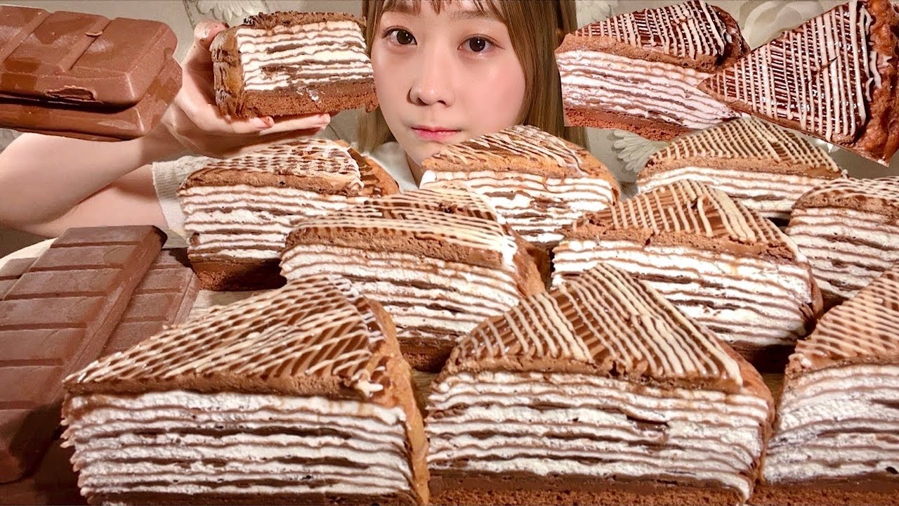 ASMR Хрустящий шоколадный блинный торт【русские субтитры】【Mukbang/ Eating Sounds】