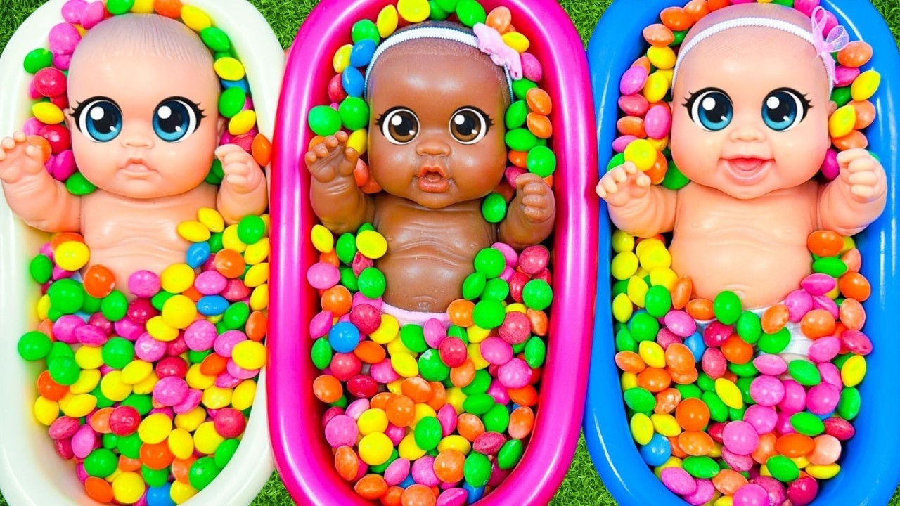 4 Minutes Satisfying with Full of 3 Rainbow Bath Tubs Candy with M&M's & Magic Slime Cutting Video 8