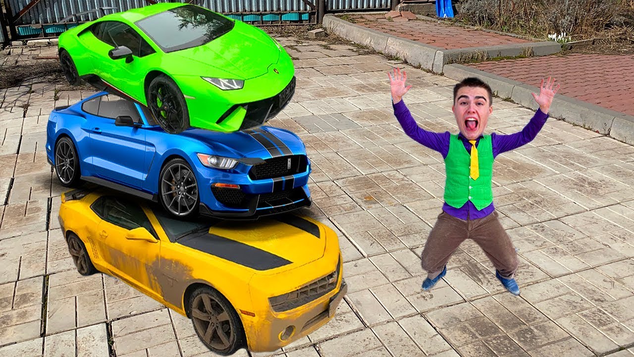 Mr. Joe on Camaro VS Ford Mustang VS Lamborghini! Red Man BEWITCHED Car in Garage 13+