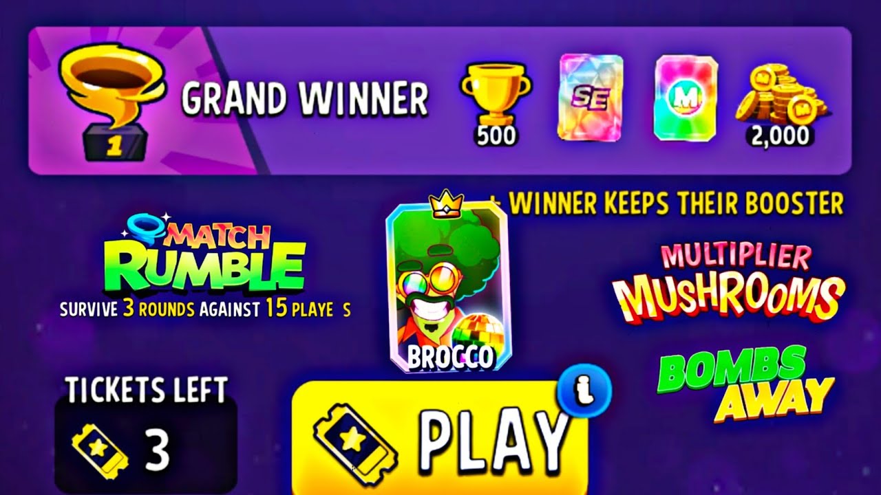 Match rumble multiplier mushroom bombs away grand winner with broccoli boogie gameplay.