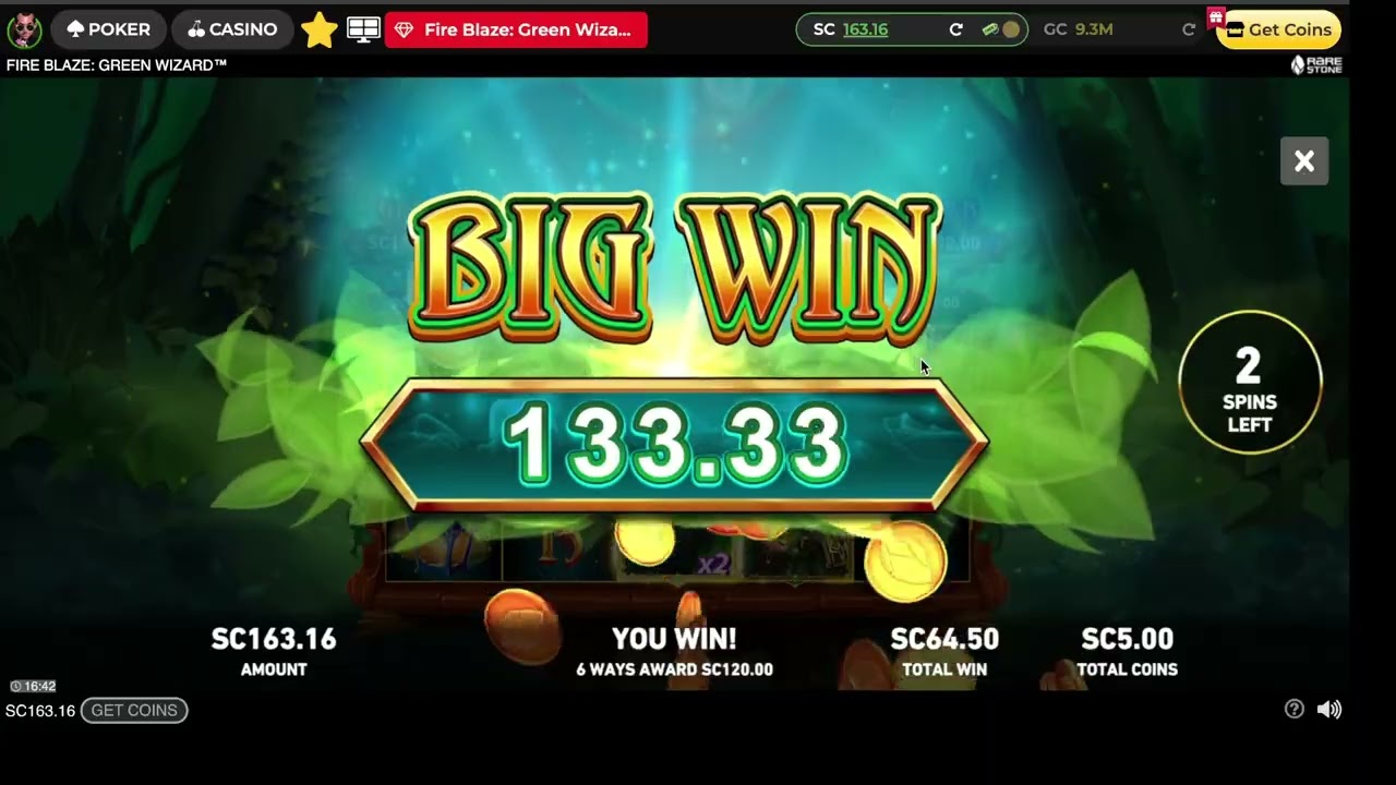 Fire Blaze: Green Wizard 5 SC Spins Bonus At Global Poker