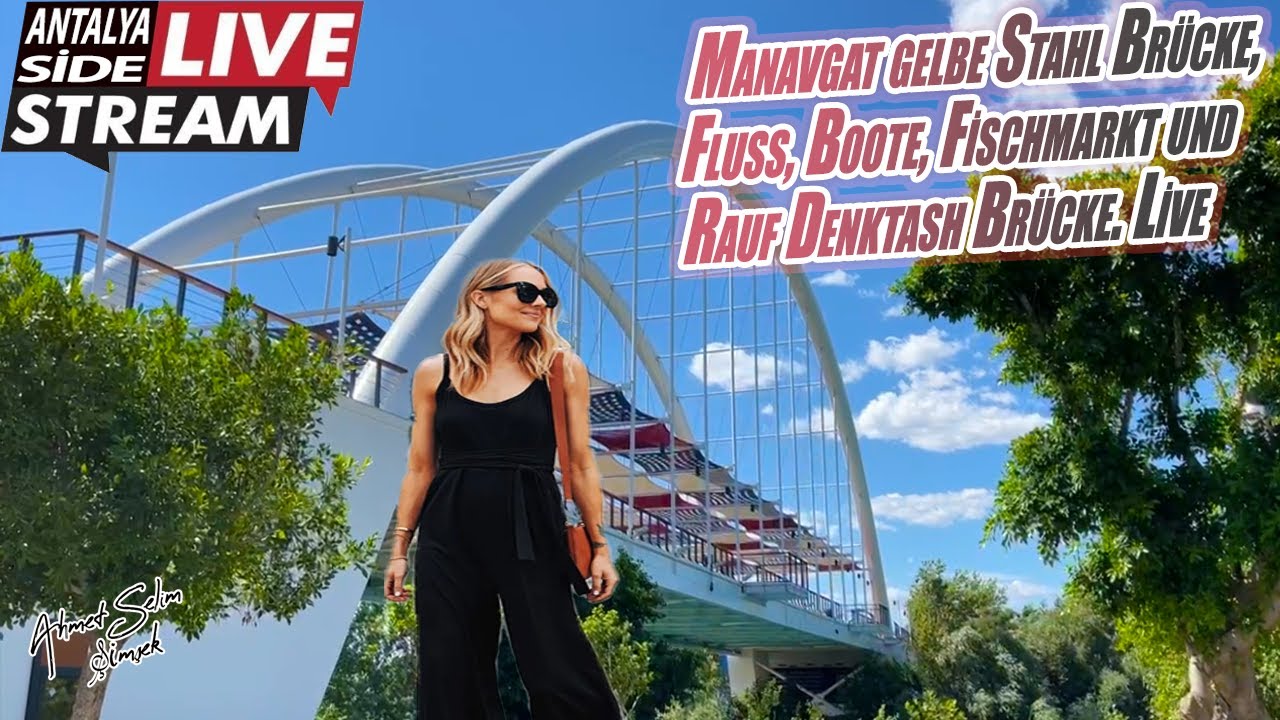 Manavgat gelbe Stahl Brücke, Fluss, Boote, Fischmarkt und Rauf Denktash Brücke. Live