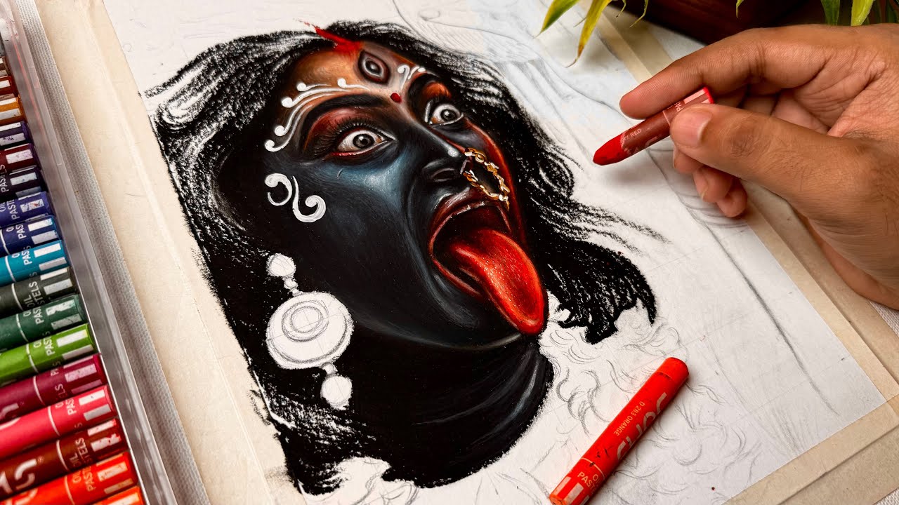 Angry Kali Mata Drawing,  Ma Kali Drawing,  Oil Pastel Drawing Tutorial 😍