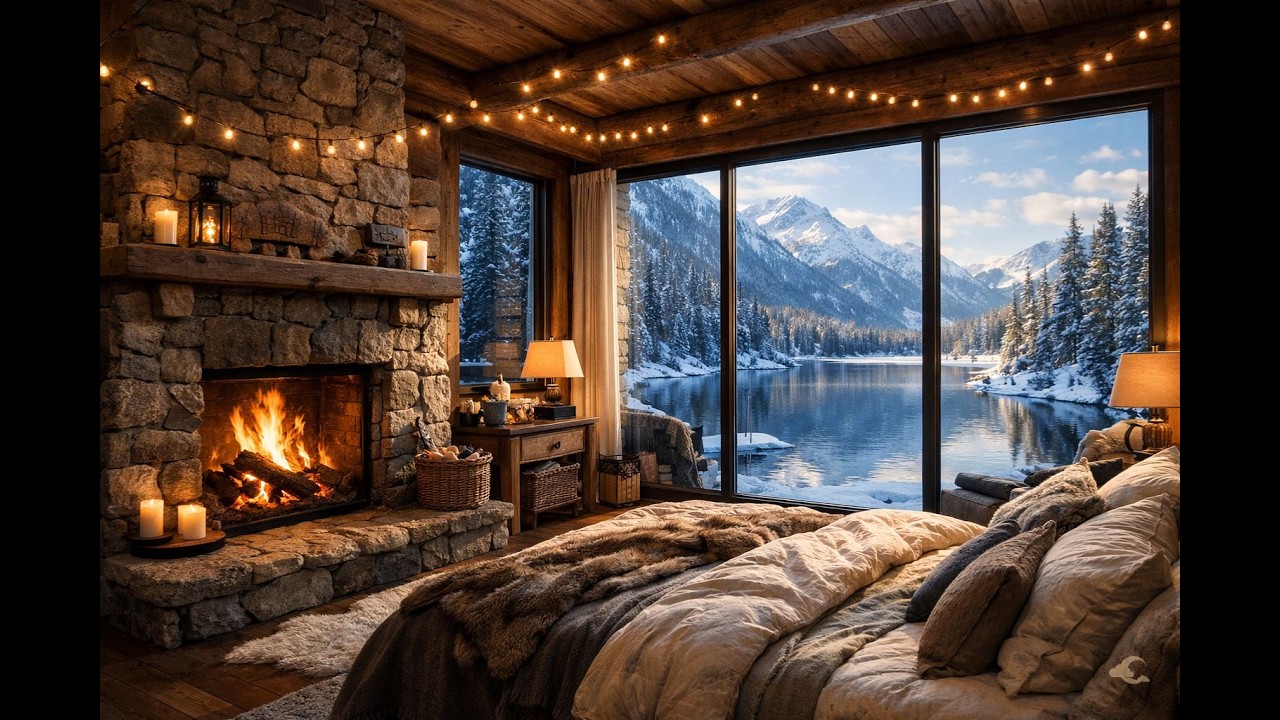 Alpine Lake Cabin Fireplace Ambience ❄️ Cozy Winter Bedroom with Fireplace & Peaceful Mountain Views