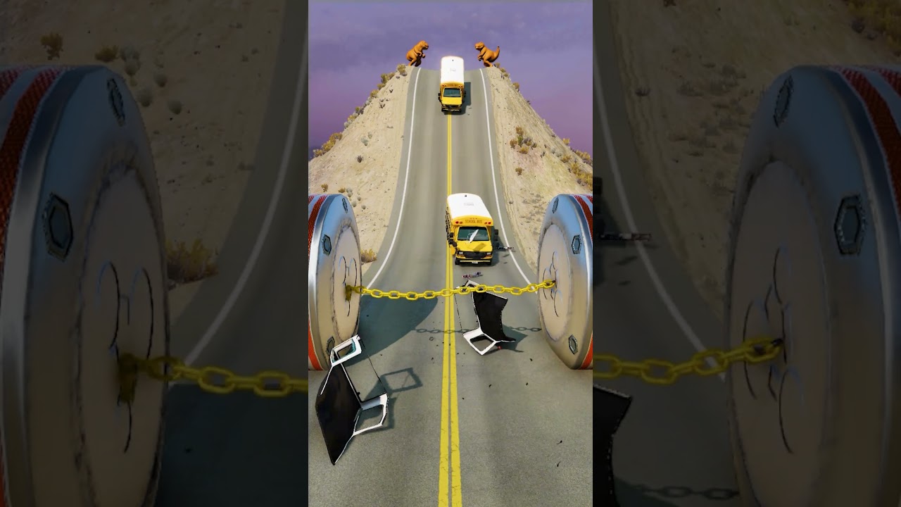 USA School Bus Vs Chained Bollards Trap Crash BeamNG Drive