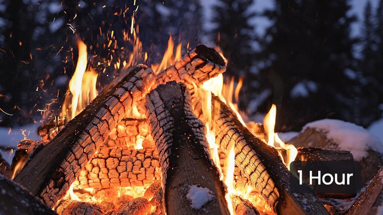 Close-Up Campfire in Snowy Mountains 🔥 Cozy Fire Ambience for Relaxation & Sleep (1 Hour)