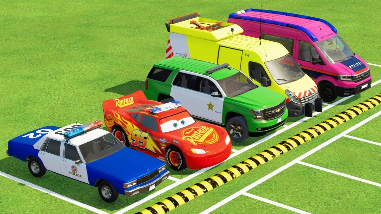 TRANSPORTING CARS, AMBULANCE, POLICE CARS, FIRE TRUCK OF COLORS! WITH TRUCKS!   FS 22 #21