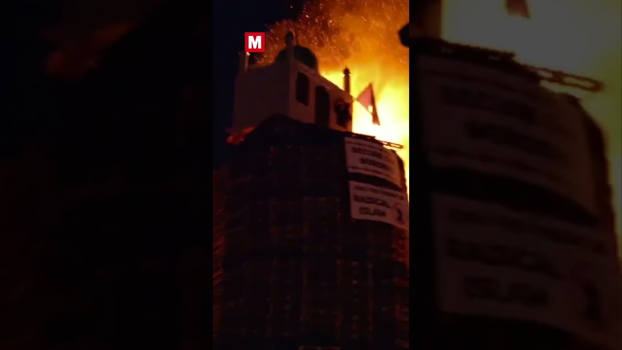Bonfire with mosque replica SET ALIGHT before police could remove controversial display