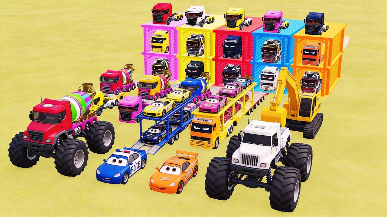 Colorful Garage FS22 - Mixer Truck With Flatbed Trailer, Tesla, Mercedes, Box Trailer