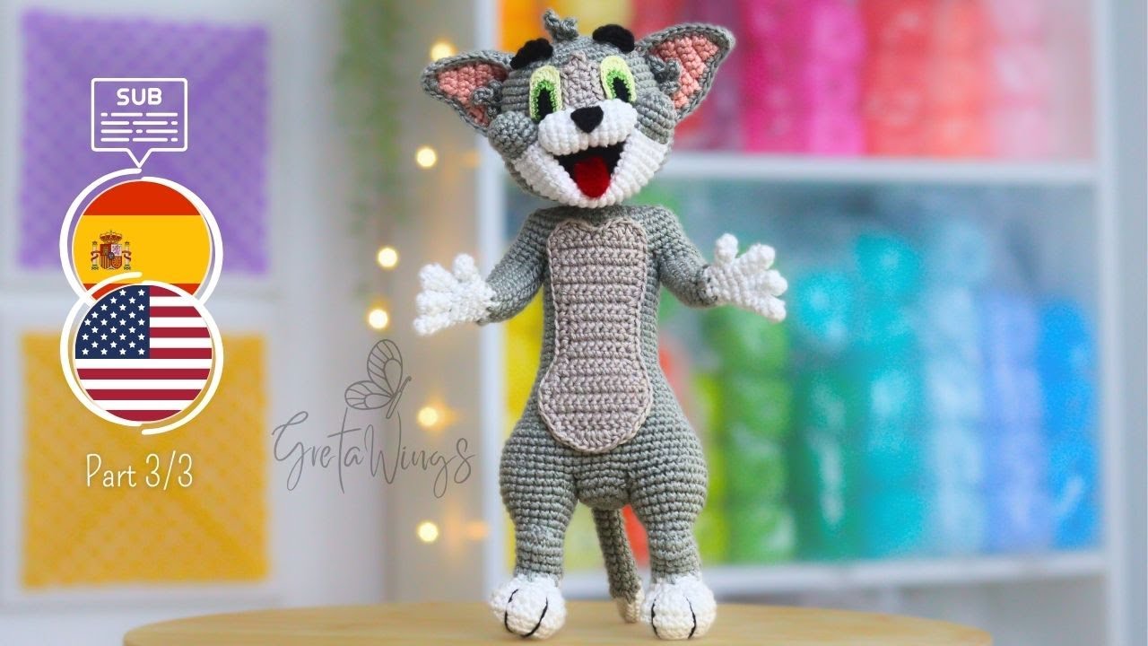 Tom the cat amigurumi tutorial: Part 3 - Crochet the face and final detailssub🇺🇸🇪🇸 @gretawingsdiy