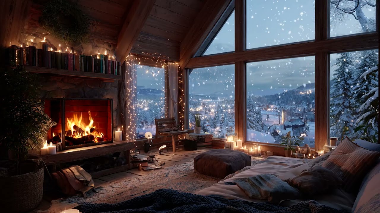 Snowstorm Cabin Night Piano Ambience | Cozy Firelight and Gentle Snow