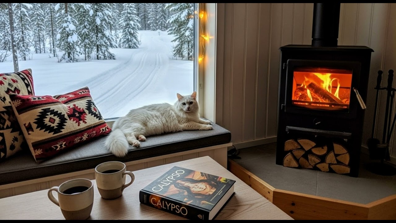Cozy Winter Cabin Vibes ❄️ Cat by the Fireplace with Snowy Forest View | Relaxing Ambience 4K