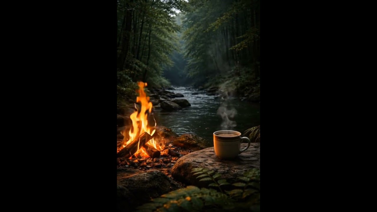 Dark Cozy Forest River Ambience 🌲🔥 Hot Chocolate by the Campfire | Relaxation Video