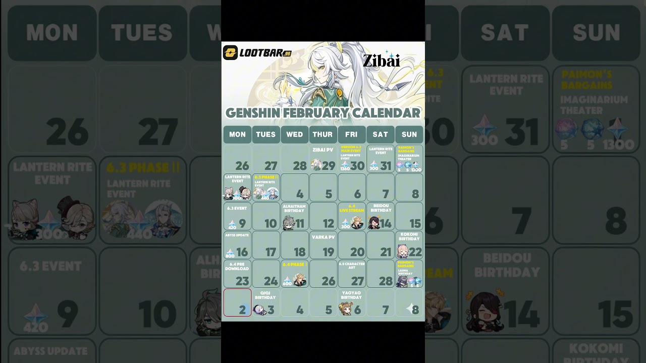 FEBRUARY Genshin Calendar: 6.4 Livestream Codes, Zibai and Varka Banner & FREE 10-Pull (LootBar.GG)