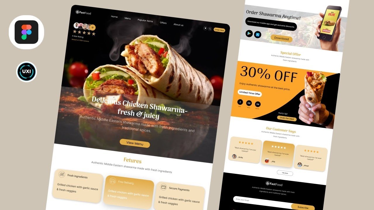 Complete Food Shawarma Tutorial Landing Page Design in Figma | UIUX Food Landing page design... 