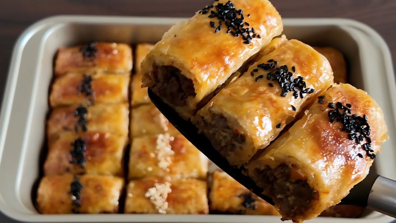 البوريك التركي باللحمة المفرومة | Börek turco con masa filo y carne dorado