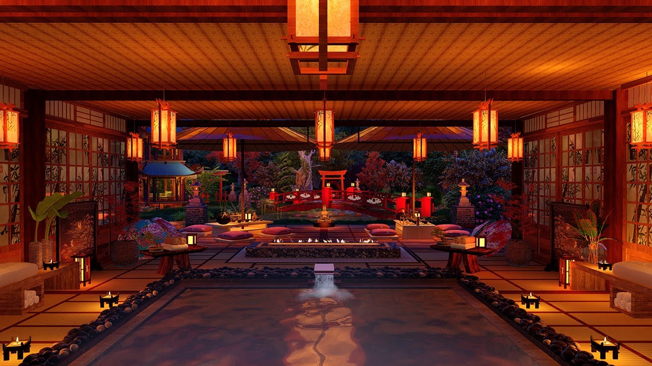 Japanese Onsen ASMR Ambience 🌿🌛 Relaxing Spa Sounds For Sleep, Relax Or Focus In A Japanese Garden.
