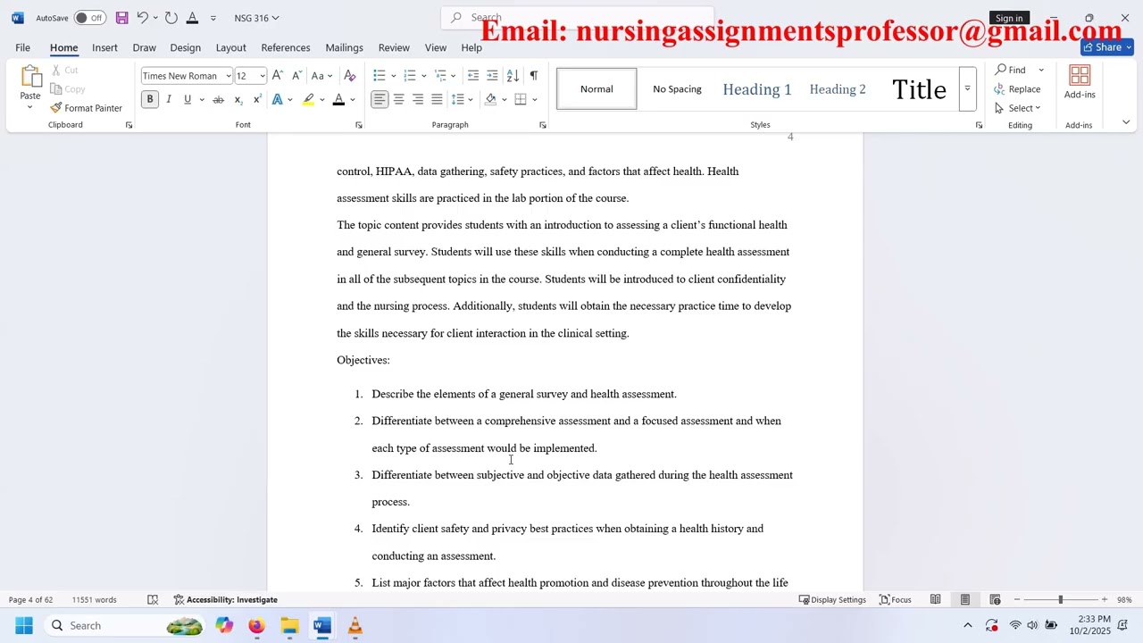 NSG 316 Topic 1: Introduction to Health Assessment and Wellness, Health Promotion, and General Surve