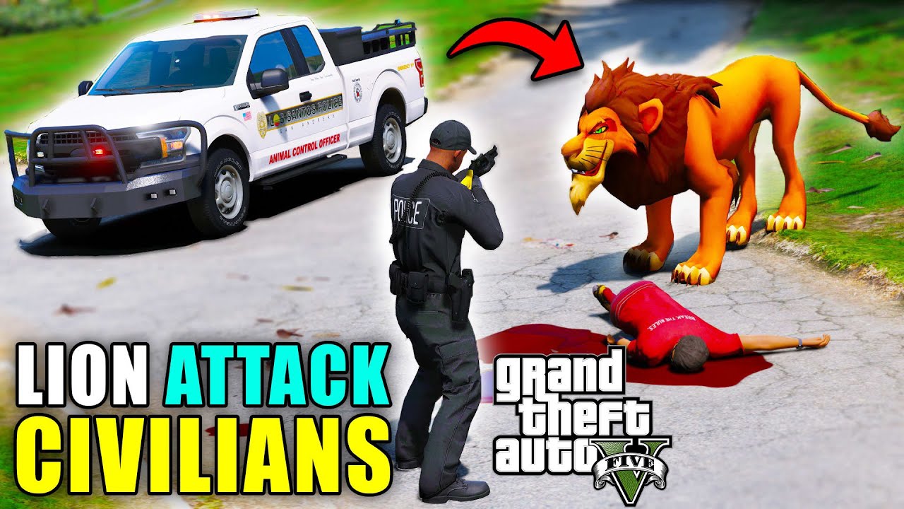 Сбежавший лев нападает на людей в GTA 5 — Полицейский отдел по контролю за животными