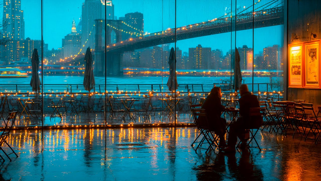 Brooklyn Bridge Night Jazz 🌧️🗽 Watching Manhattan In The Rain For Calm Work