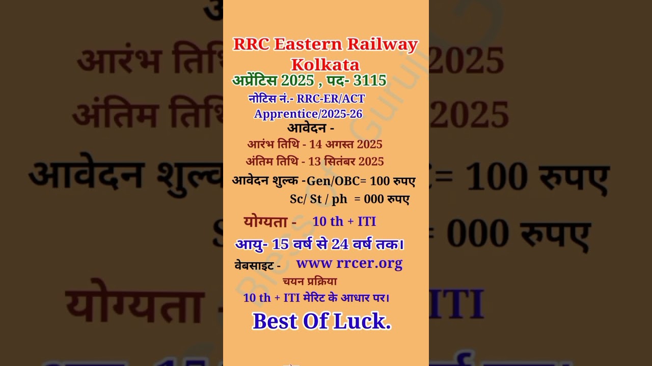 RRC ER Recruitment 2025|RRC Apprentice 2025|Railway Recruitment 2025#RRB  Apprentice Bharti 2025#