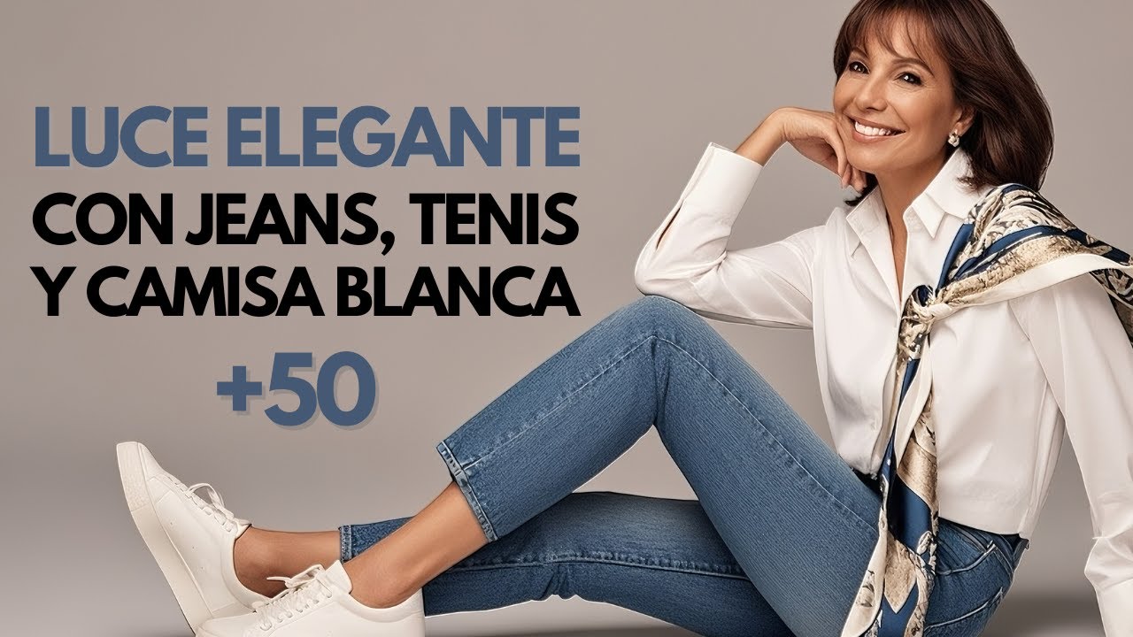 Cómo lucir elegante con camisa blanca, jeans y tenis después de los 50