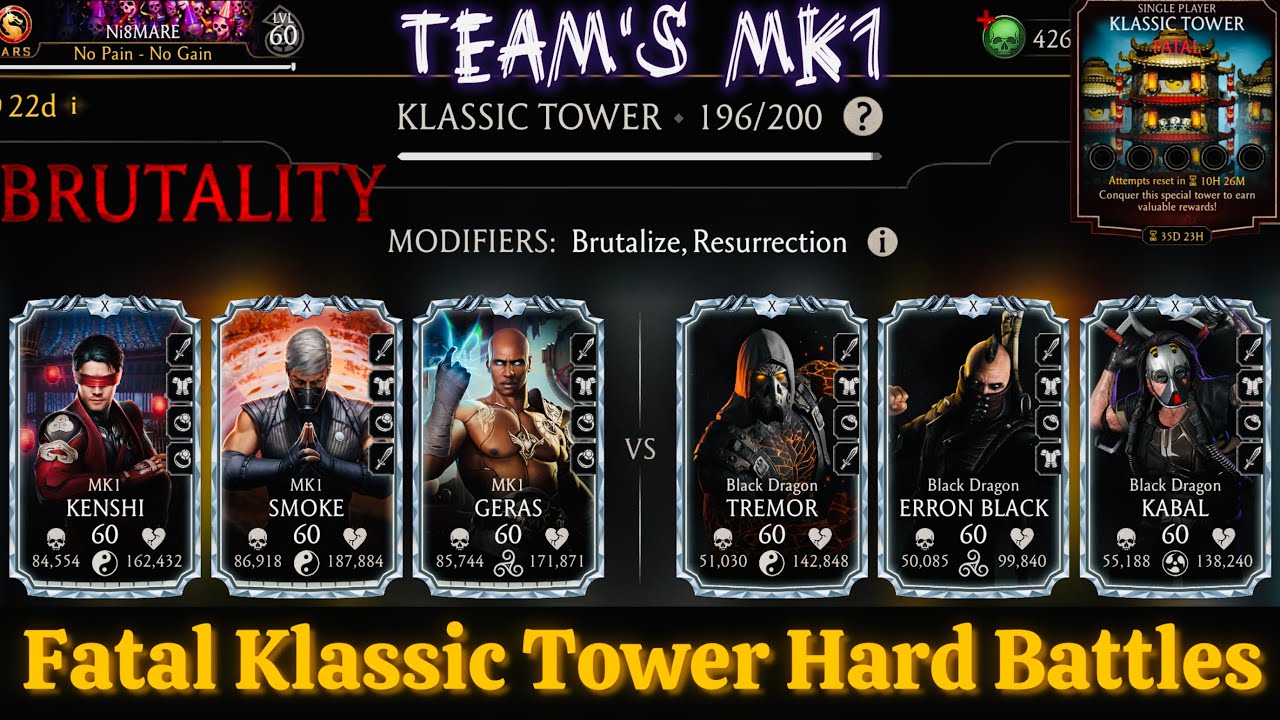 Fatal Klassic Tower Hard Battles 190, 194-199 Vs MK1 Team’s MK Mobile 2025