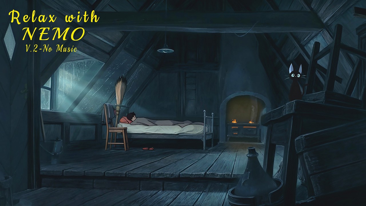 Kiki's Cozy Attic Room | Studio Ghibli Ambience 🌧️ Relaxing Rain and Fire Sounds for Peaceful Sleep