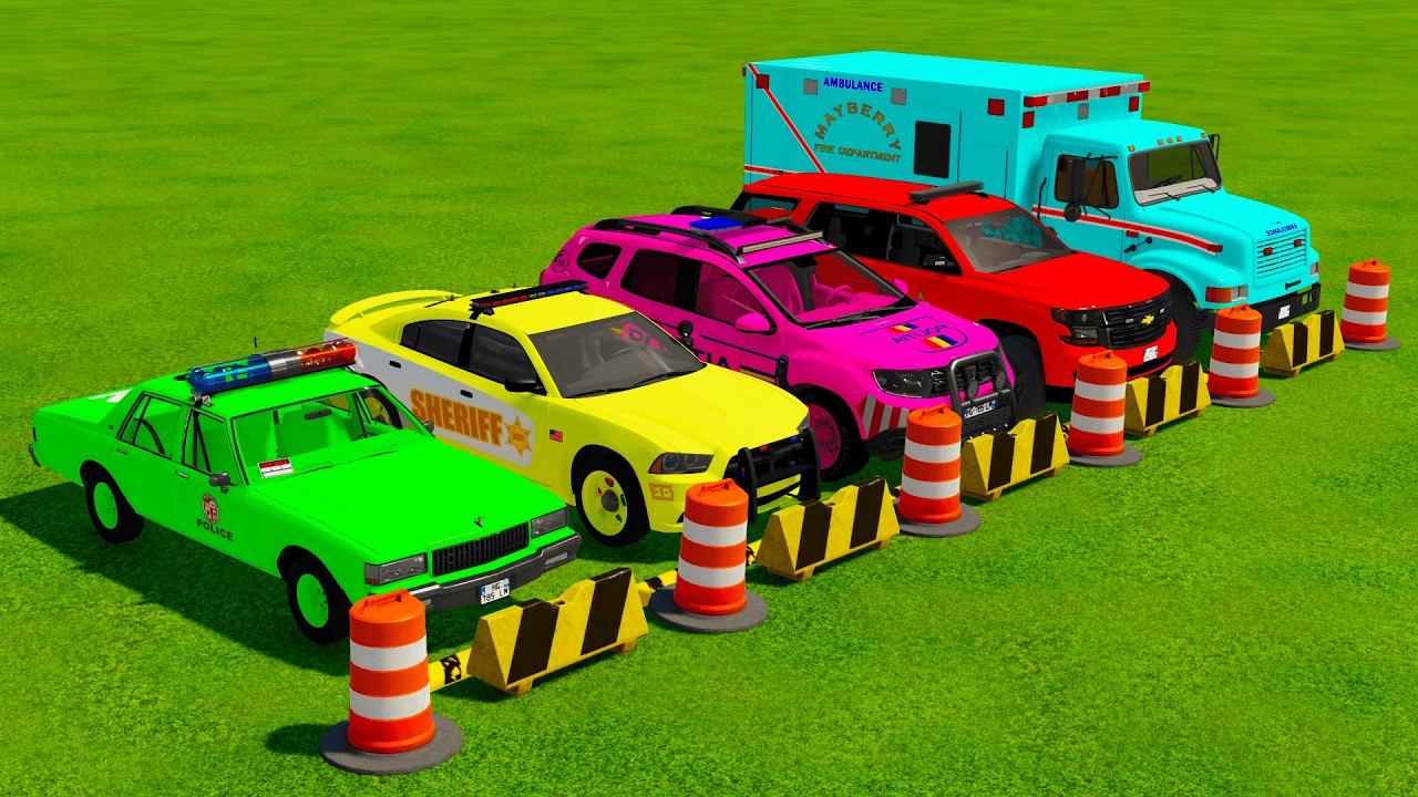 TRANSPORTING POLICE CARS CHEVROLET, DODGE, DACIA, TAHOE, AMBULANCE WITH MAN TRUCK