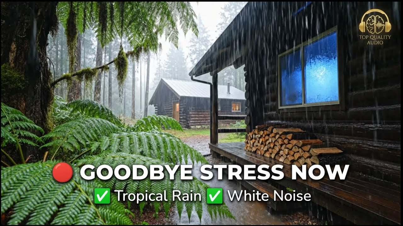 🔴 Goodbye Stress with Heavy Rain and Thunder on Tropical Forest, White Noise Help Relax.