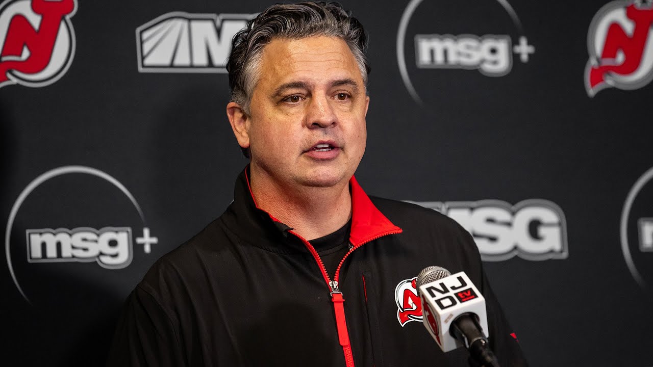 Travis Green meets with the media after being named Devils interim head coach