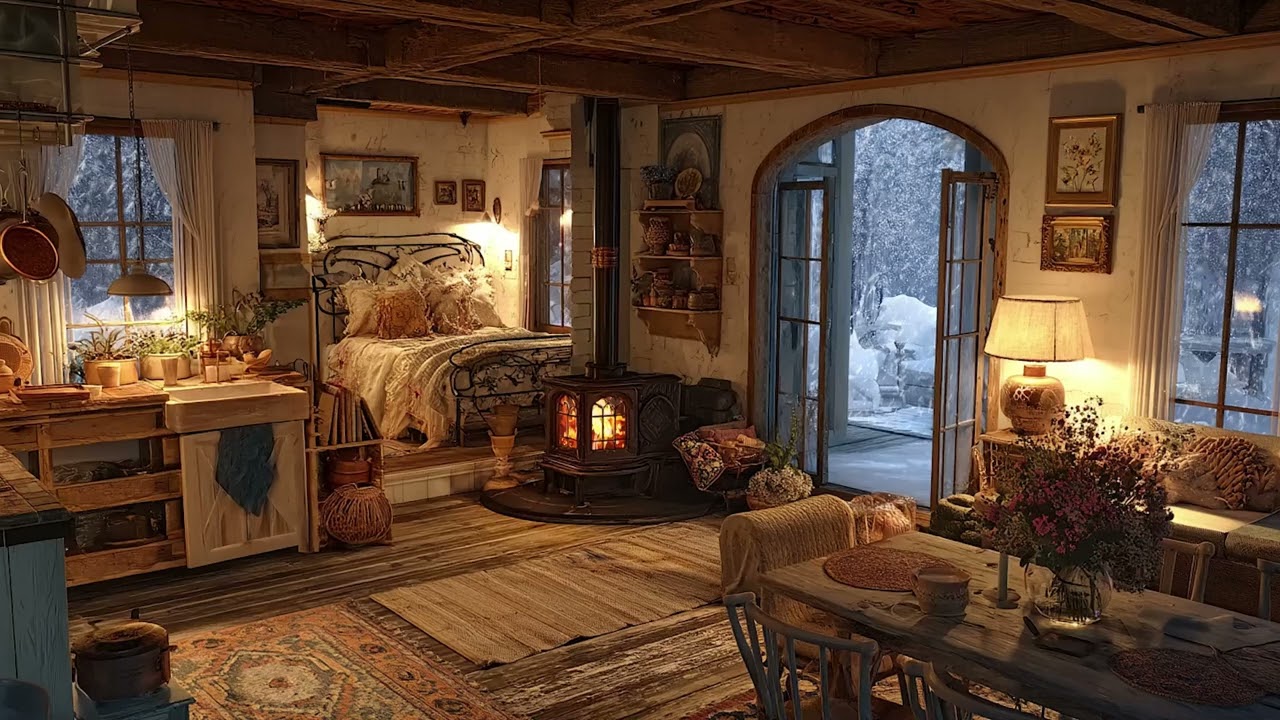 Heavy Snowfall Outside the Cabin | Cozy Fireplace Sounds for Deep Sleep & Relaxation