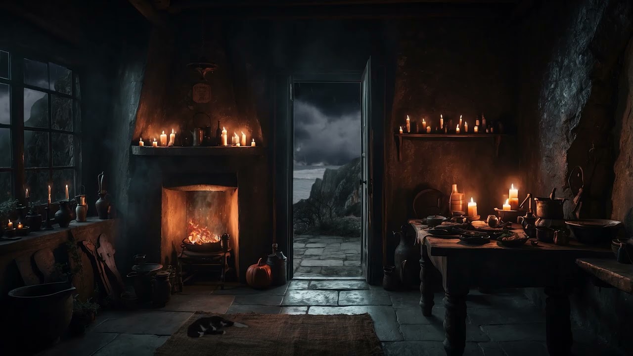 Moody Rainy Night Ambience | Relaxing Music, ​Crackling Fire & Ocean Waves | Fall Atmosphere