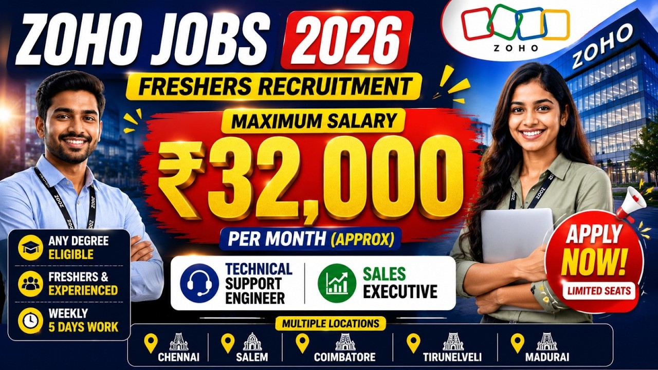 Weekly 5 Days Work 💼 Zoho Jobs 2026 | 🔥 Freshers Recruitment | Any Degree Jobs