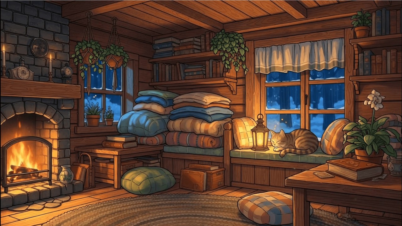 Gentle Rainfall and Cozy Fireplace Ambience 4K ☔🔥 Peaceful Lofi Music for Focus & Relaxation