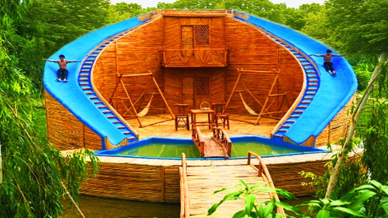 99days, Amazing bamboo wood house construction technique With Bamboo Water Slide Around House [Full]