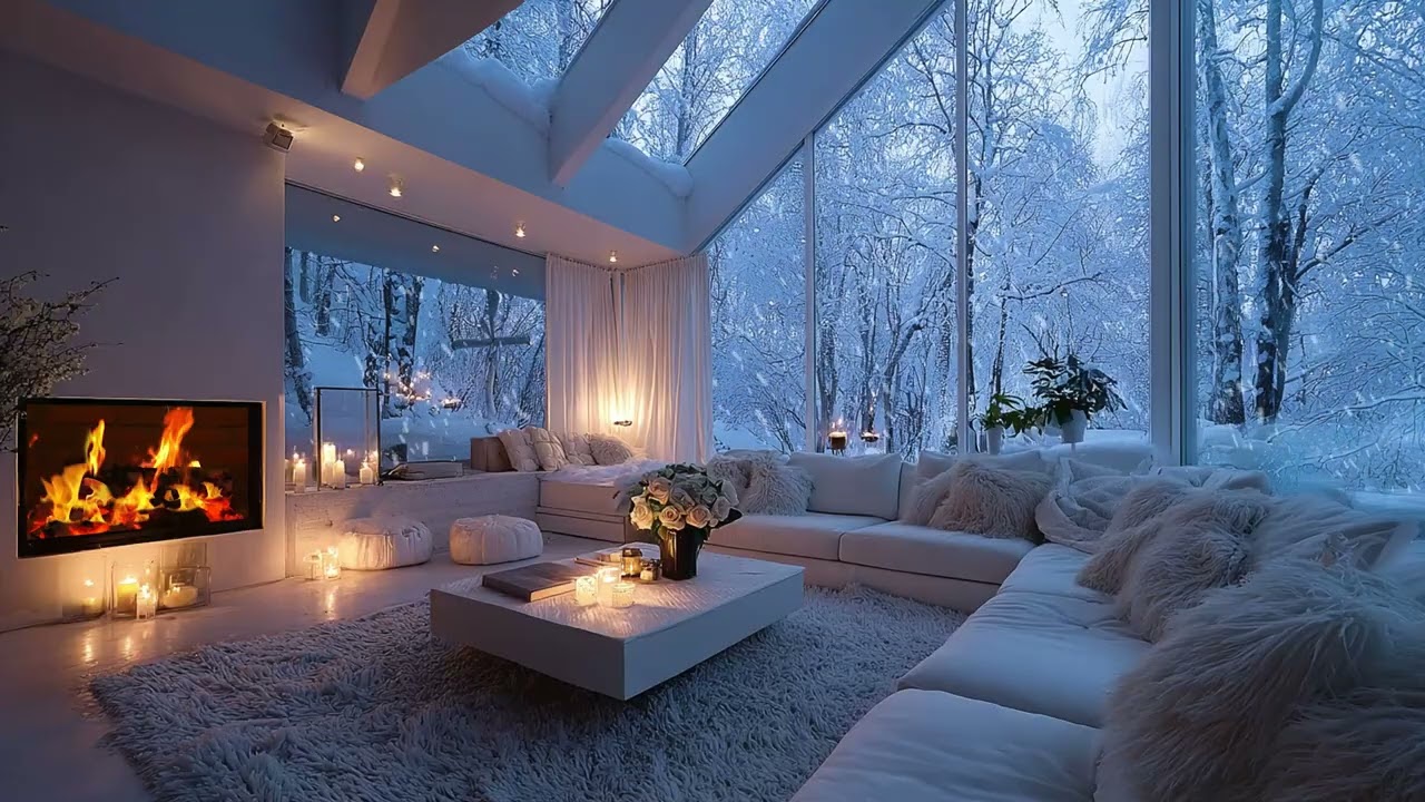 Cozy Winter Lounge Piano | Warm Fire & Snowfall for 3 Hours | Study Relax Recharge