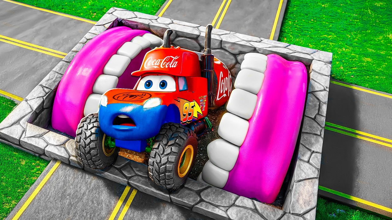 Lightning McQueen Transforms in Portal Pit! Giant Jaws Pits vs Big & Small Pixar Cars | BeamNG Drive