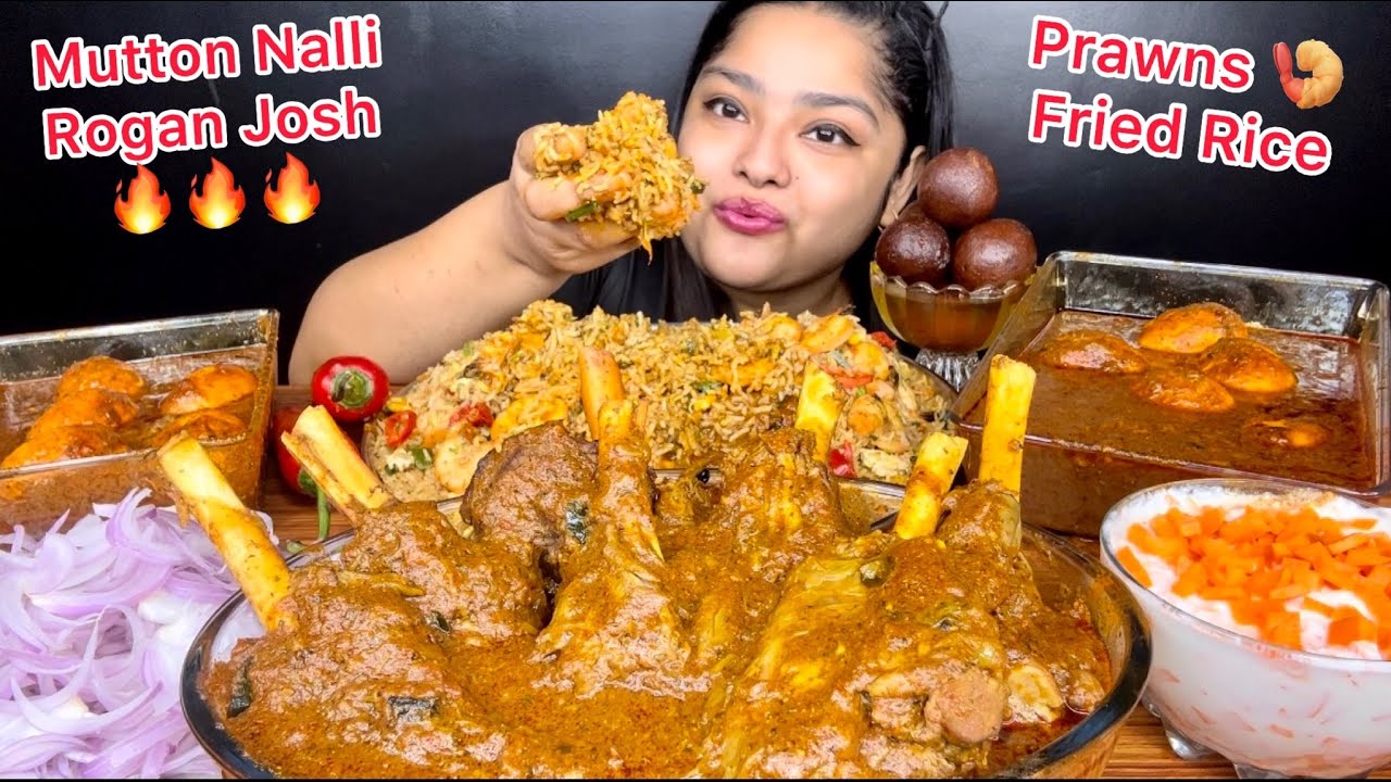 SPICY MUTTON NALLI ROGAN JOSH, PRAWNS AND VEGETABLE FRIED RICE, SPICY EGG CURRY WITH CARROT RAITA